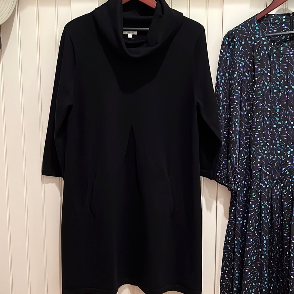 Black knit Tyler Boe cowl neck dress.